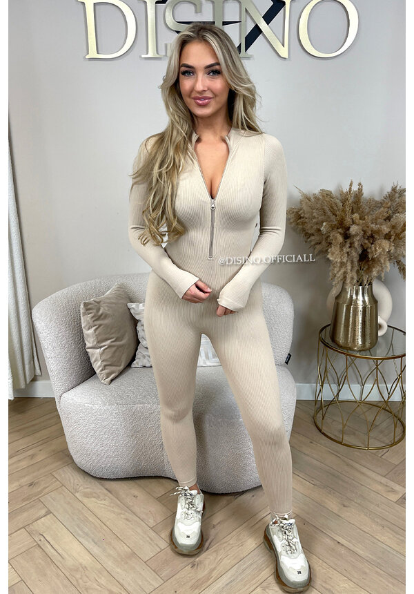 BEIGE - 'TYRA V2' - SUPER SHAPING RIBBED ZIPPER JUMPSUIT