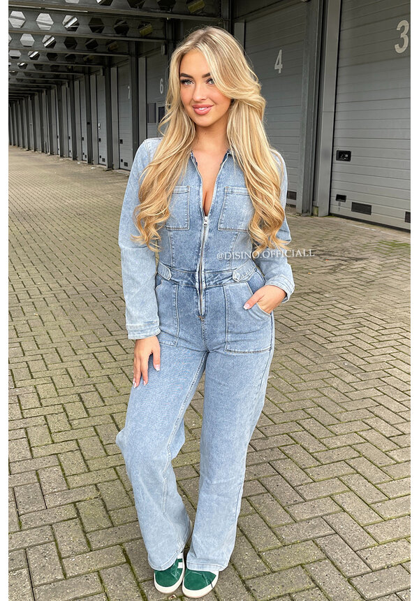 LIGHT BLUE - 'KENZIE JUMPSUIT' - STRETCH LONG SLEEVE DENIM ZIPPER JUMPSUIT