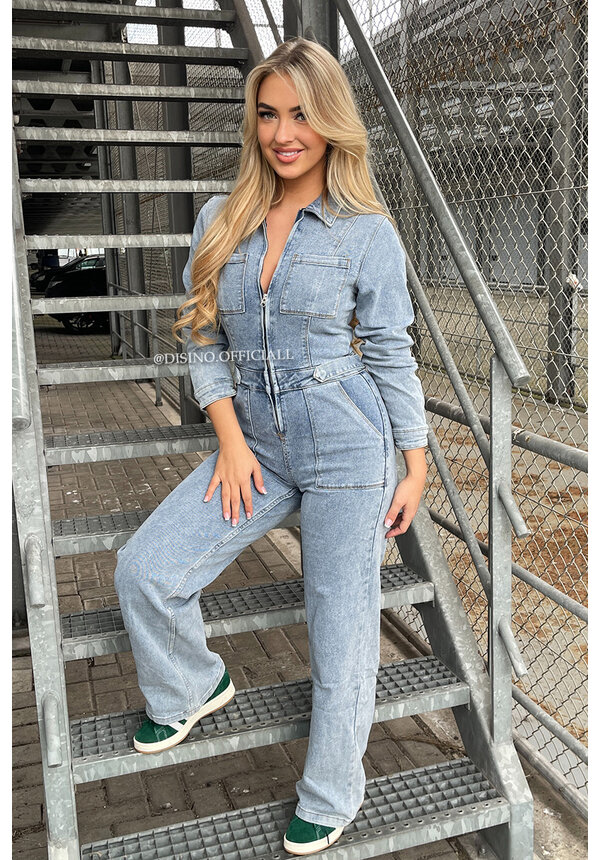 LIGHT BLUE - 'KENZIE JUMPSUIT' - STRETCH LONG SLEEVE DENIM ZIPPER JUMPSUIT