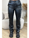 BLACK - 'DEMI CARGO' - HIGH WAIST VEGAN LEATHER STRAIGHT LEG CARGO JEANS