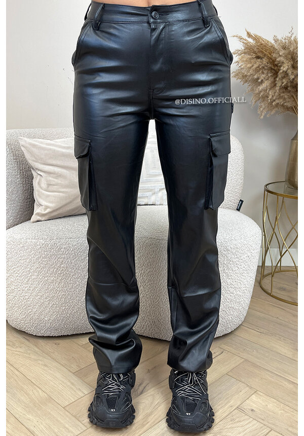 BLACK - 'DEMI CARGO' - HIGH WAIST VEGAN LEATHER STRAIGHT LEG CARGO JEANS