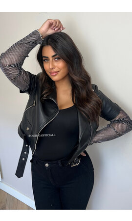 BLACK - 'DIAMOND SLEEVE BIKER' - EXCLUSIVE DIAMONDS SLEEVE LEATHER BIKER JACKET