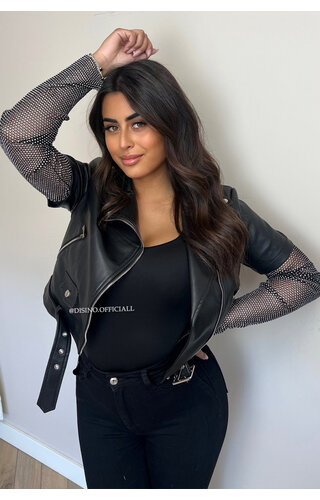 BLACK - 'DIAMOND SLEEVE BIKER' - EXCLUSIVE DIAMONDS SLEEVE LEATHER BIKER JACKET 