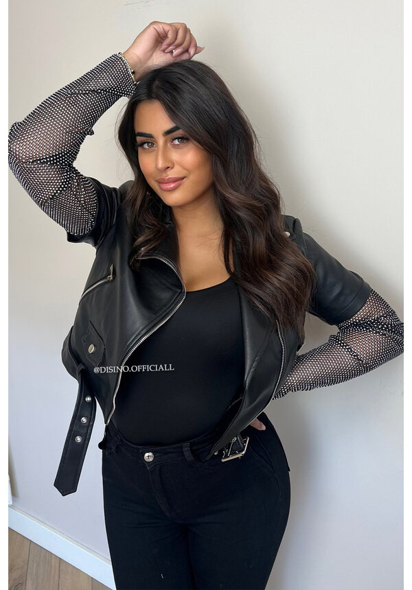 BLACK - 'DIAMOND SLEEVE BIKER' - EXCLUSIVE DIAMONDS SLEEVE LEATHER BIKER JACKET