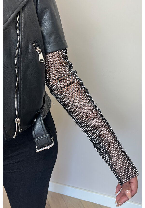 BLACK - 'DIAMOND SLEEVE BIKER' - EXCLUSIVE DIAMONDS SLEEVE LEATHER BIKER JACKET