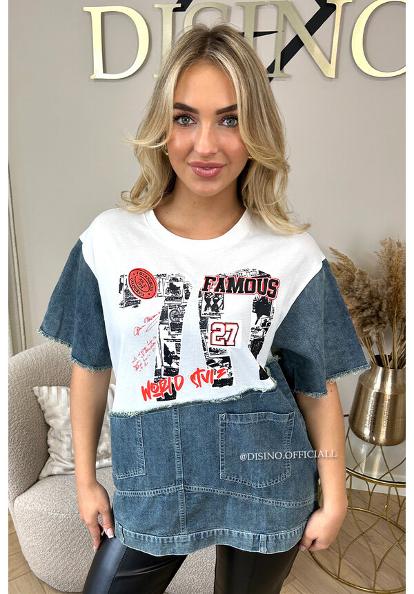 WHITE - 'FAMOUS HALF DENIM TEE' - INSPIRED OVERSIZED HALF DENIM TEE