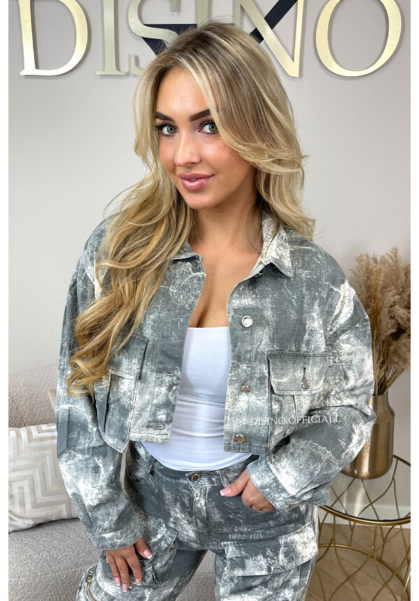 ACID WASH GREY - 'YADE JACKET' - CARGO CROPPED DENIM JACKET