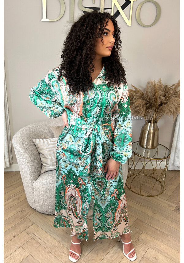 GREEN - 'MEDINA' - DUBAI INSPIRED SATIN MAXI BLOUSE DRESS