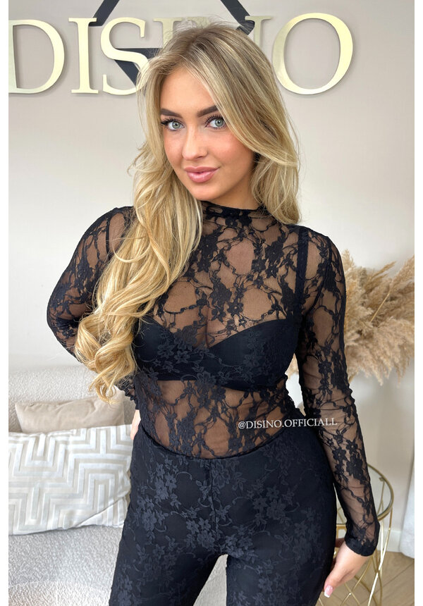 BLACK - 'OLIVIA BODY' - STRETCH LACE LONG SLEEVE BODYSUIT