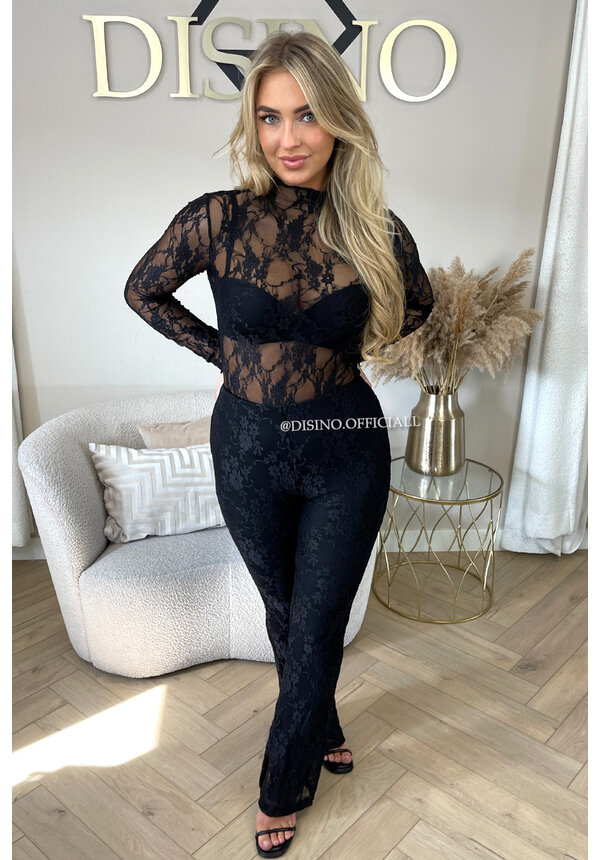 BLACK - 'OLIVIA BODY' - STRETCH LACE LONG SLEEVE BODYSUIT