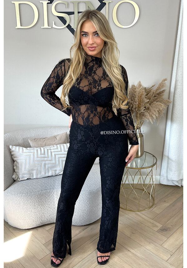 BLACK - 'OLIVIA BODY' - STRETCH LACE LONG SLEEVE BODYSUIT