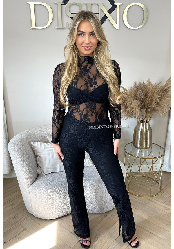 BLACK - 'OLIVIA FLARE' - LACE STRETCH SPLITTED FLARED PANTS