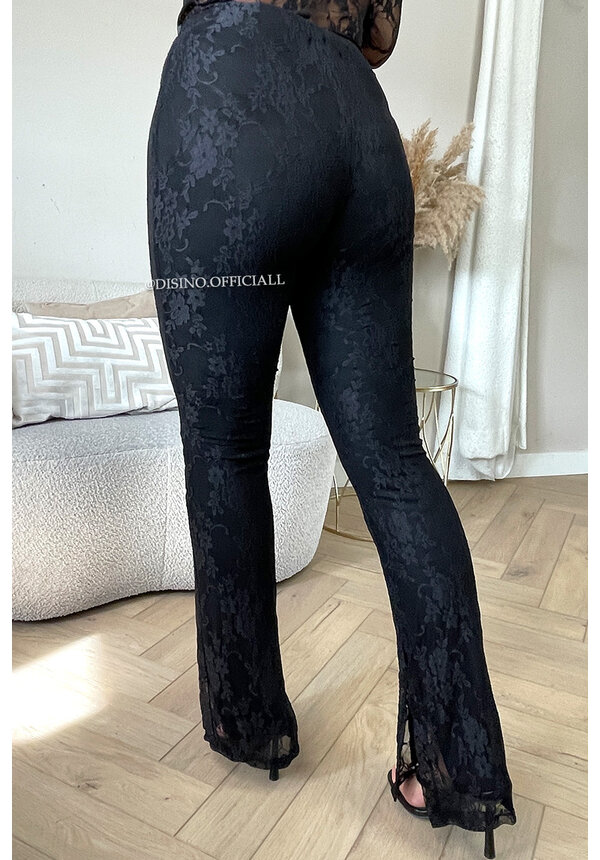 BLACK - 'OLIVIA FLARE' - LACE STRETCH SPLITTED FLARED PANTS