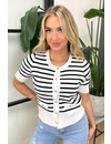 WHITE - 'CLAIRE' - CUTE STRIPED GOLD BUTTON SHORT SLEEVE TOP