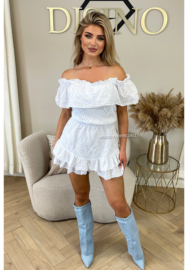 WHITE - 'LIVV' - PREMIUM QUALITY BRODERIE LACE OFF SHOULDER PLAYSHORT