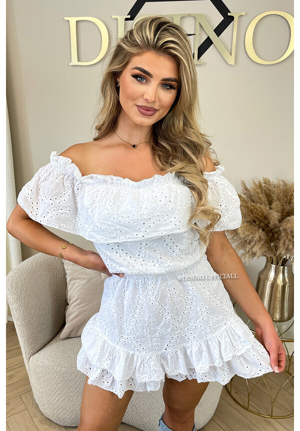 WHITE - 'LIVV' - PREMIUM QUALITY BRODERIE LACE OFF SHOULDER PLAYSHORT