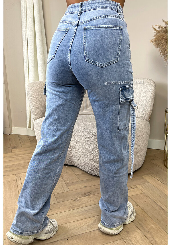 LIGHT BLUE - 'KELLY CARGO JEANS' - SUPER STRETCH CARGO STRAIGHT LEG JEANS