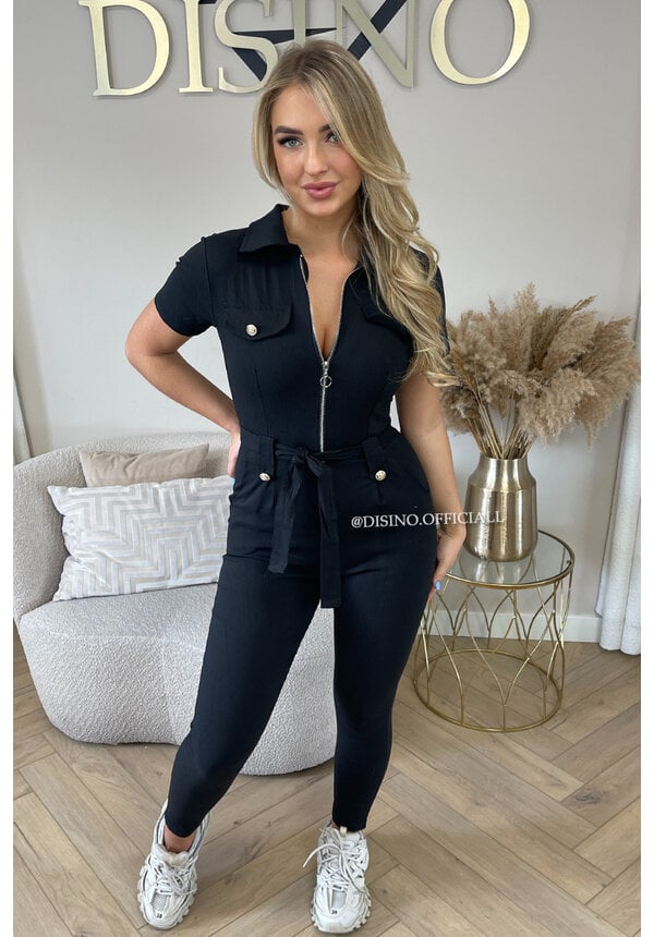 BLACK - 'CAITLYN SHORTSLEEVE' - SUPER STRETCH CARGO JUMPSUIT SHORTSLEEVE