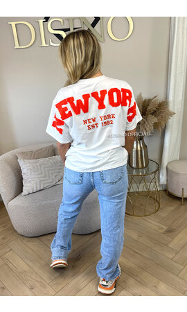 WHITE/ORANGE - 'NY ON MY BACK TEE' - OVERSIZED TEDDY SLOGAN TEE NEW YORK