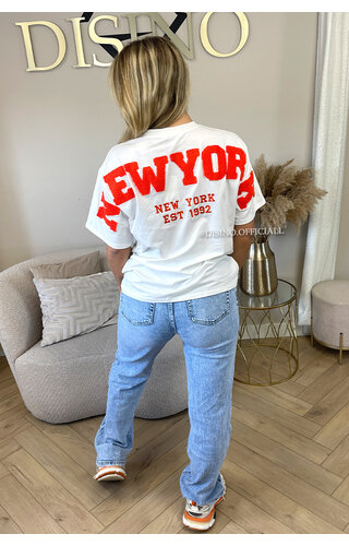 WHITE/ORANGE - 'NY ON MY BACK TEE' - OVERSIZED TEDDY SLOGAN TEE NEW YORK 