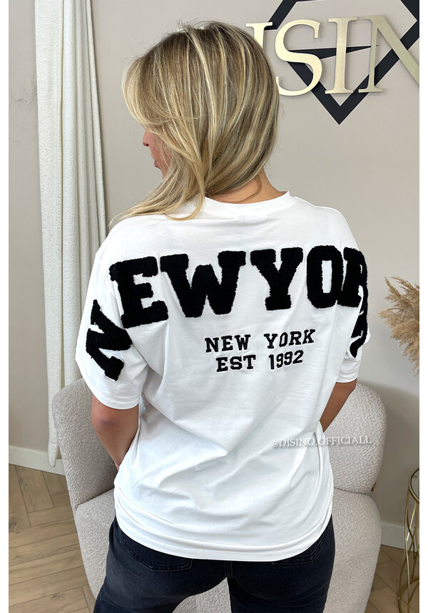 WHITE/BLACK - 'NY ON MY BACK TEE' - OVERSIZED TEDDY SLOGAN TEE NEW YORK