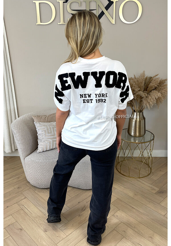 WHITE/BLACK - 'NY ON MY BACK TEE' - OVERSIZED TEDDY SLOGAN TEE NEW YORK