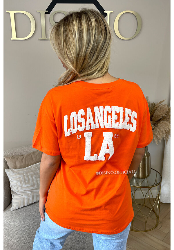 ORANGE/WHITE - 'LA ON MY BACK TEE' - OVERSIZED TEDDY SLOGAN TEE LOS ANGELES