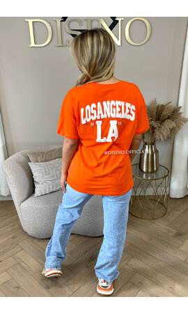 ORANGE/WHITE - 'LA ON MY BACK TEE' - OVERSIZED TEDDY SLOGAN TEE LOS ANGELES