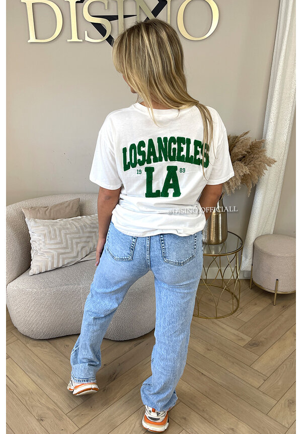 WHITE/GREEN - 'LA ON MY BACK TEE' - OVERSIZED TEDDY SLOGAN TEE LOS ANGELES