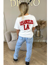 WHITE/RED - 'LA ON MY BACK TEE' - OVERSIZED TEDDY SLOGAN TEE LOS ANGELES