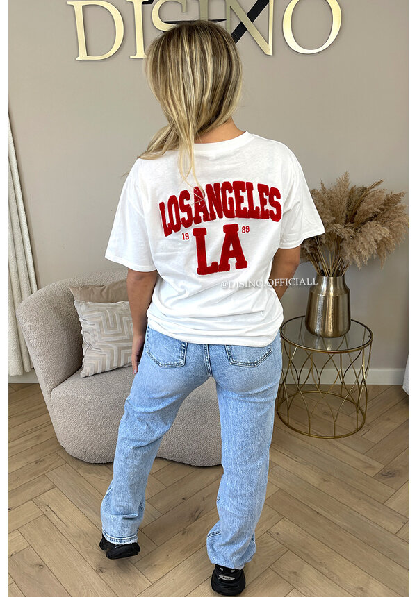 WHITE/RED - 'LA ON MY BACK TEE' - OVERSIZED TEDDY SLOGAN TEE LOS ANGELES