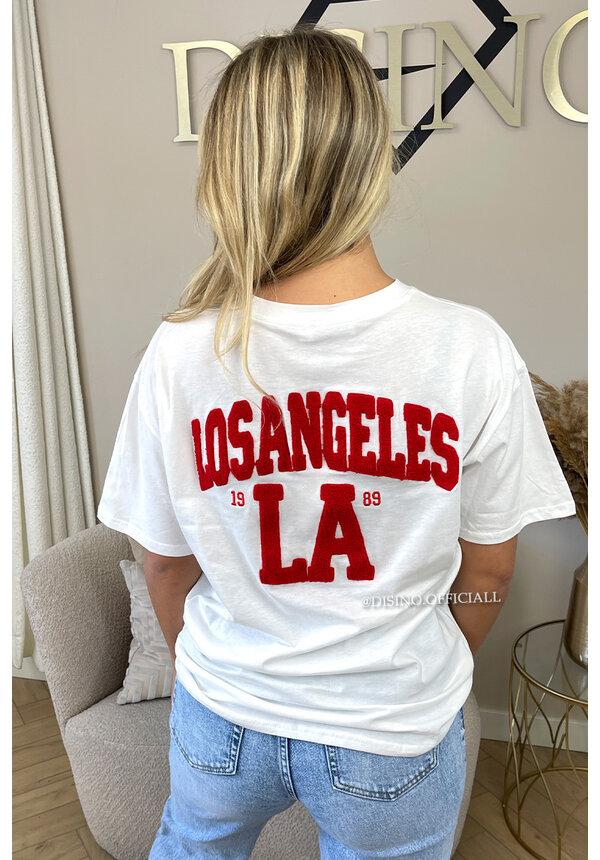 WHITE/RED - 'LA ON MY BACK TEE' - OVERSIZED TEDDY SLOGAN TEE LOS ANGELES