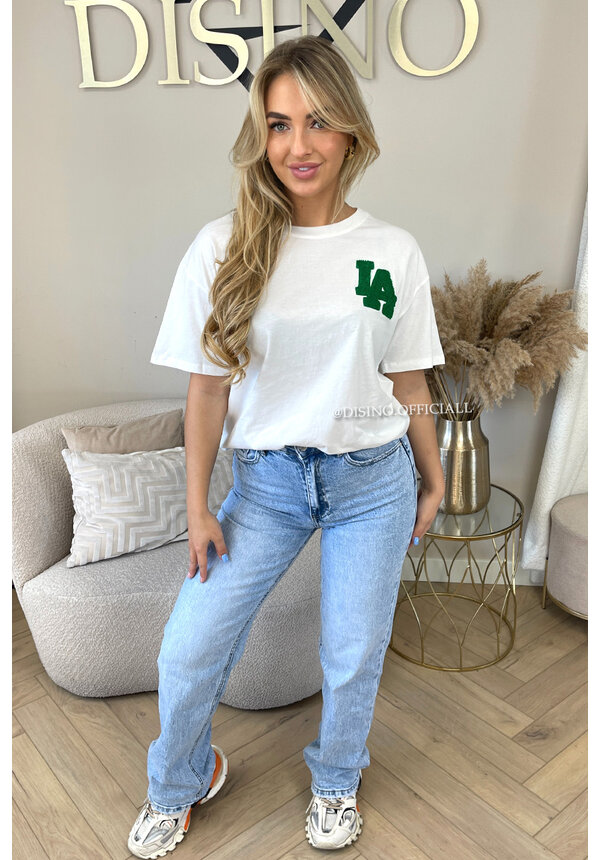 WHITE/GREEN - 'LA ON MY BACK TEE' - OVERSIZED TEDDY SLOGAN TEE LOS ANGELES