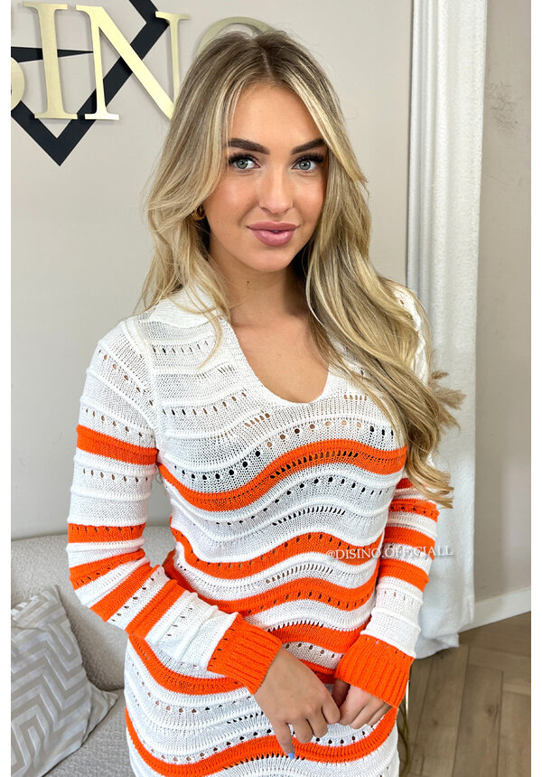 ORANGE - 'SANDY' - CROCHET KNITTED LONG SLEEVE DRESS