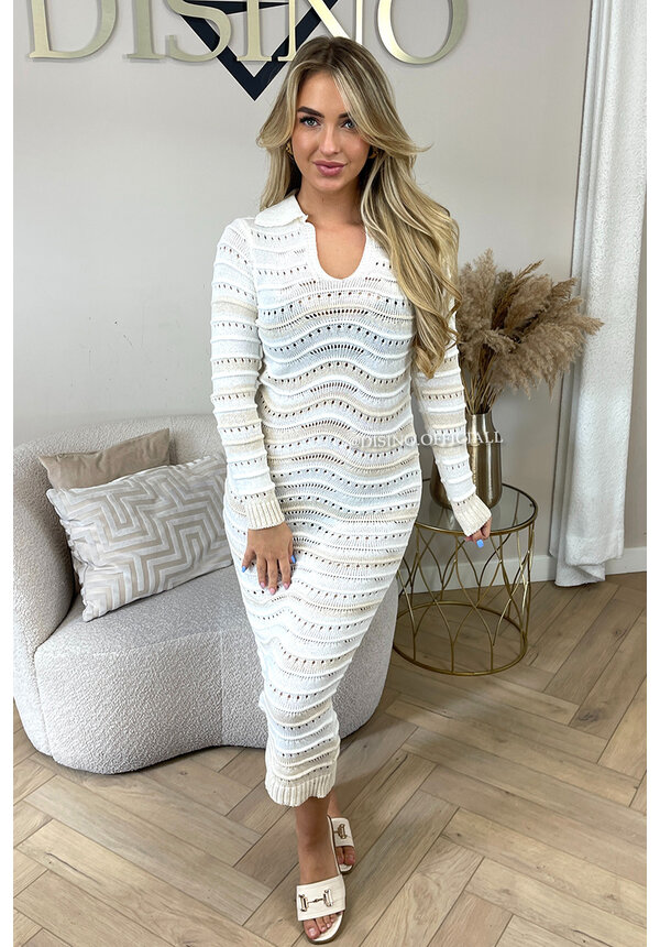 BEIGE - 'SANDY' - CROCHET KNITTED LONG SLEEVE DRESS