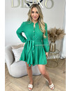 GREEN - 'JOAN' - LONG SLEEVE WAFFLE BLOUSE DRESS