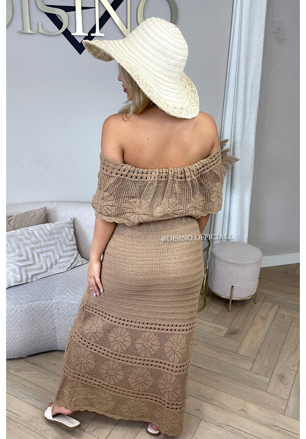 CAMEL - 'ABBY' - CROCHET LACE OFF SHOULDER DRESS