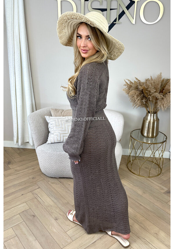 TAUPE - 'EMMY DRESS' - CROCHET LACE LONG SLEEVE MAXI DRESS