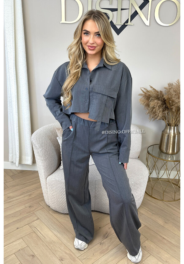 DARK GREY - 'SERENA SET' - CROPPED BLOUSE + WIDE LEG PANTS SET