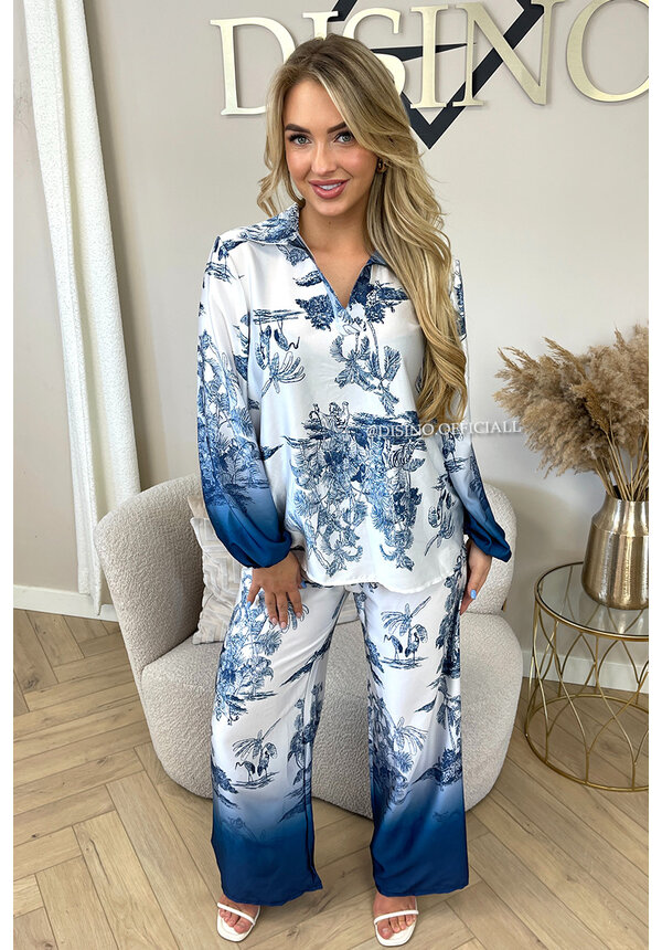 ROYAL BLUE - 'SAMIRA' - DESIGNER INSPIRED SATIN BLOUSE + PANTS TWO PIECE SET