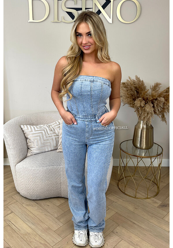 BLUE - 'DIAMONDS DENIM JUMPSUIT' - ALL OVER DIAMONDS STRAPLESS DENIM JUMPSUIT