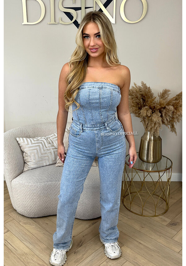 BLUE - 'DIAMONDS DENIM JUMPSUIT' - ALL OVER DIAMONDS STRAPLESS DENIM JUMPSUIT