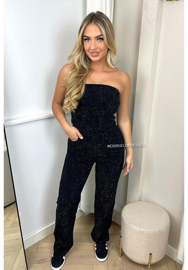 BLACK - 'DIAMONDS DENIM JUMPSUIT' - ALL OVER DIAMONDS STRAPLESS DENIM JUMPSUIT