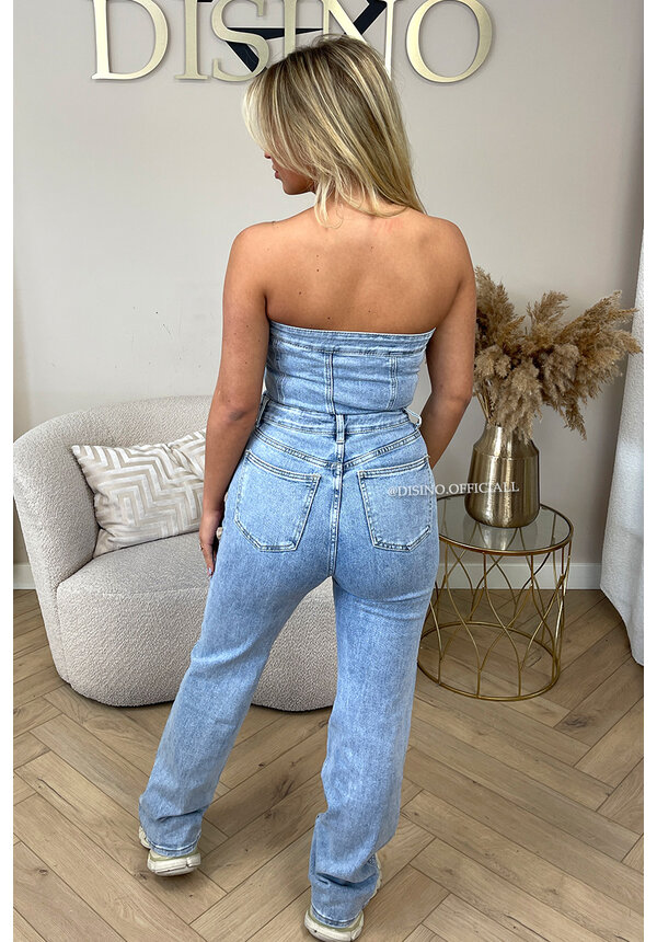 BLUE - 'DIAMONDS DENIM JUMPSUIT' - ALL OVER DIAMONDS STRAPLESS DENIM JUMPSUIT