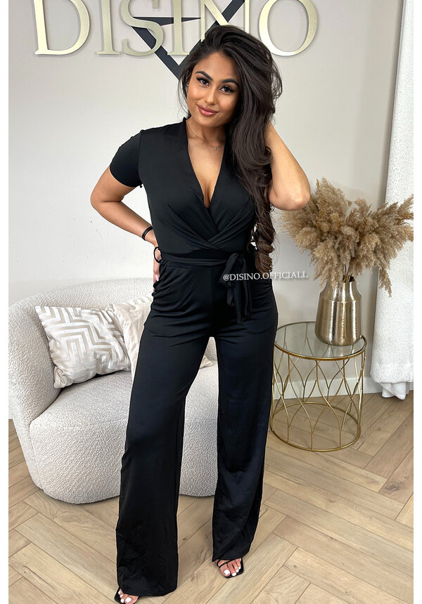 BLACK - 'LINA SHORT SLEEVE TRAVEL JUMPSUIT' - PREMIUM QUALITY WIDE LEG JUMPSUIT