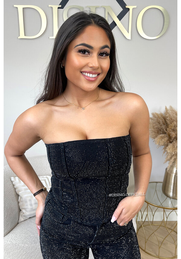 BLACK - 'CELINA TOP' - EXCLUSIVE DIAMONDS ALL OVER DENIM CORSET TOP