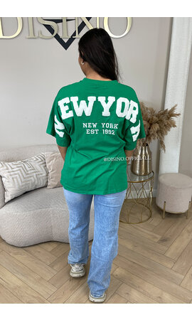 GREEN - 'NY ON MY BACK TEE' - OVERSIZED TEDDY SLOGAN TEE NEW YORK