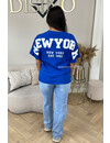 ROYAL BLUE - 'NY ON MY BACK TEE' - OVERSIZED TEDDY SLOGAN TEE NEW YORK