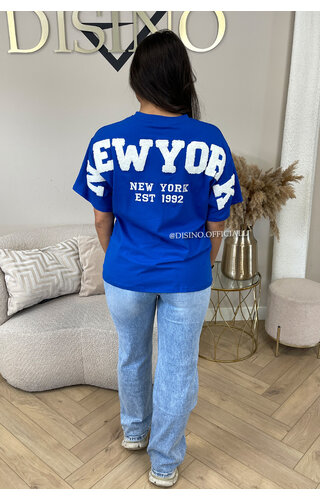 ROYAL BLUE - 'NY ON MY BACK TEE' - OVERSIZED TEDDY SLOGAN TEE NEW YORK 