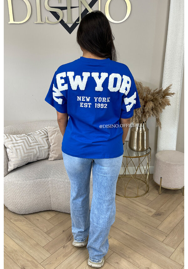 ROYAL BLUE - 'NY ON MY BACK TEE' - OVERSIZED TEDDY SLOGAN TEE NEW YORK